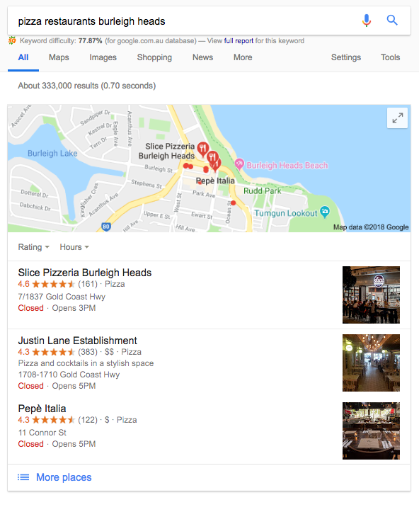 Google's Local Pack Search for Pizza